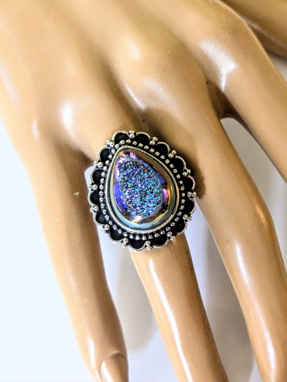 Sterling Silver Aurora Titanium Enhanced Rainbow Druzy Cabochon Ring Size 5.25